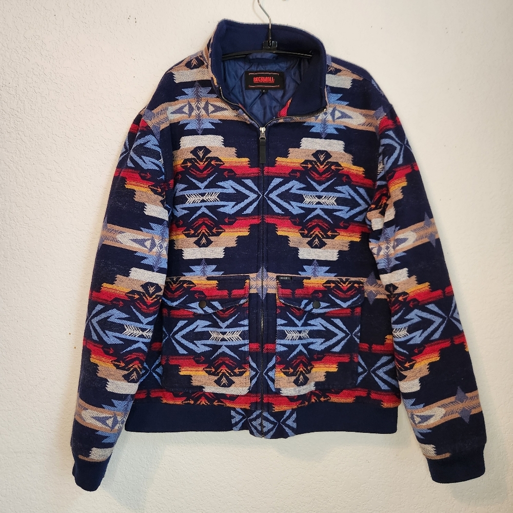 Rock & Roll Denim Aztec Bomber Pattern Jacket, RRM092RZX3,‎ Size L